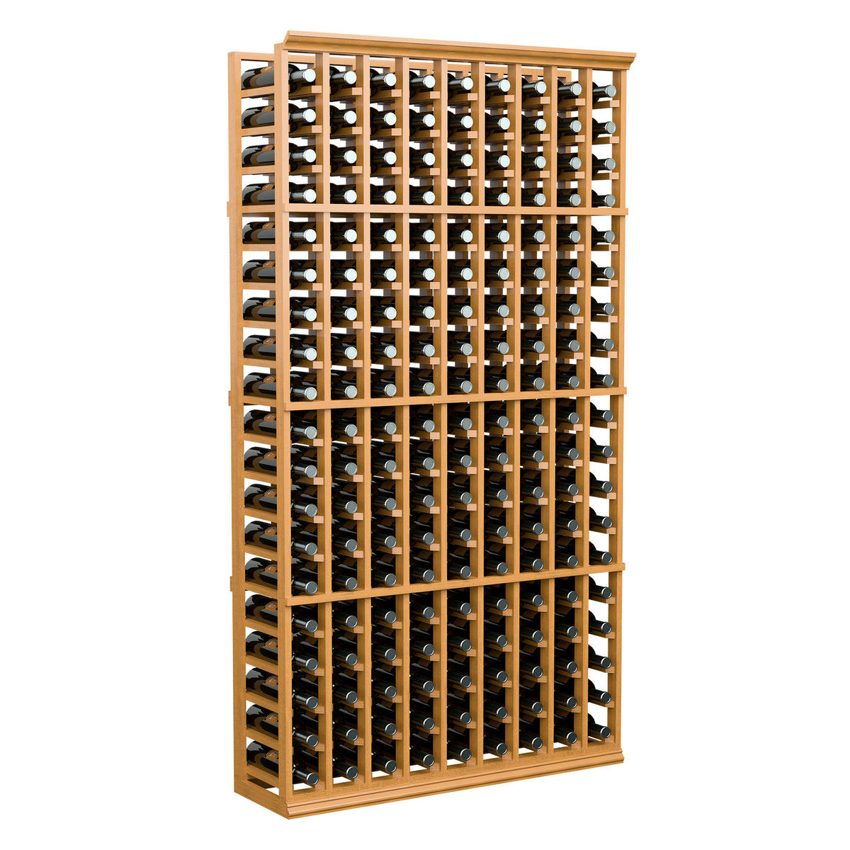 Wood wine bottle rack, 9 columns, holds bottles in light natural finish