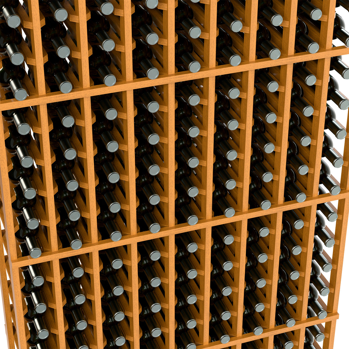 Natural wood wine bottle rack with bottle holders in grid pattern