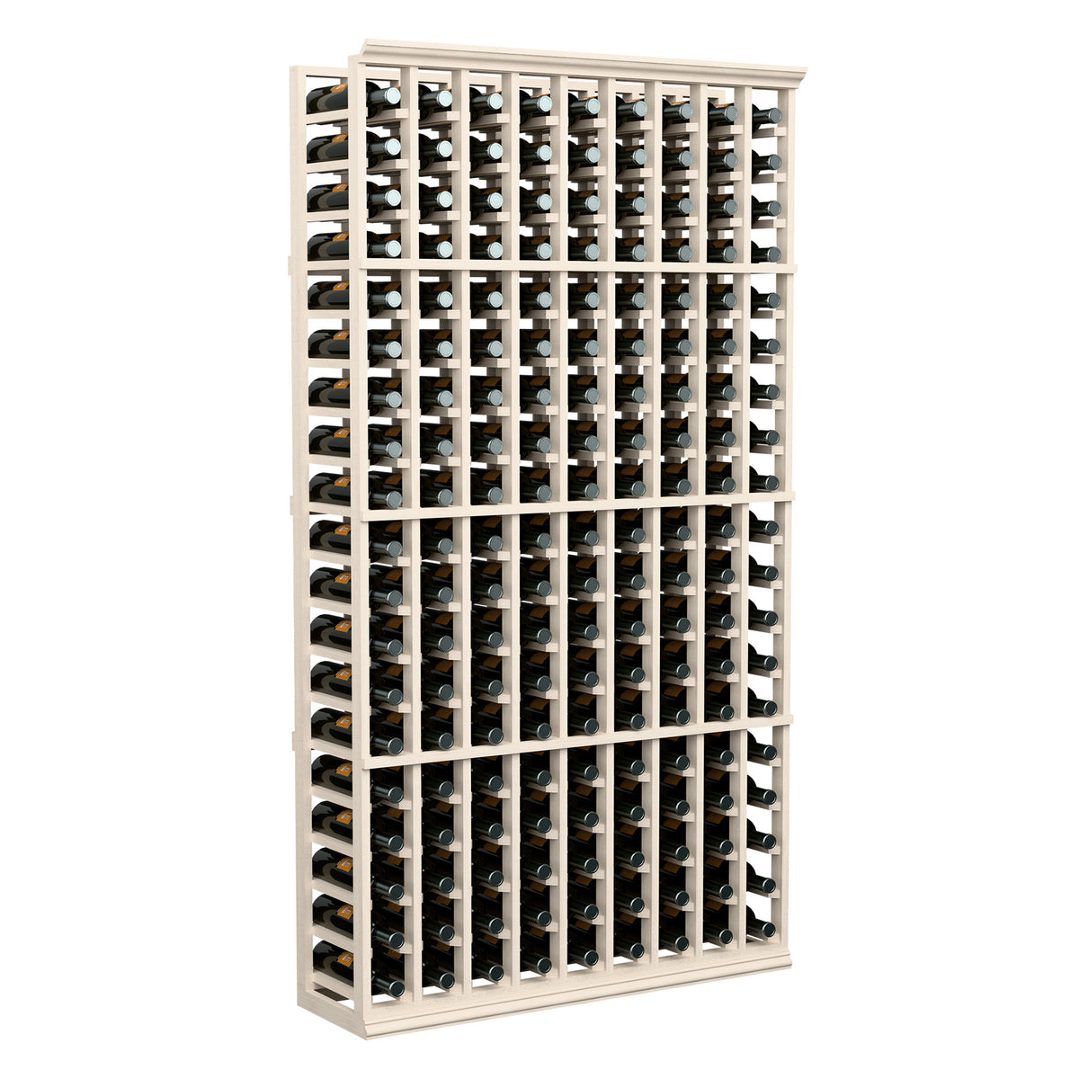 White wine bottle rack, 9 columns, holds bottles in a white frame
