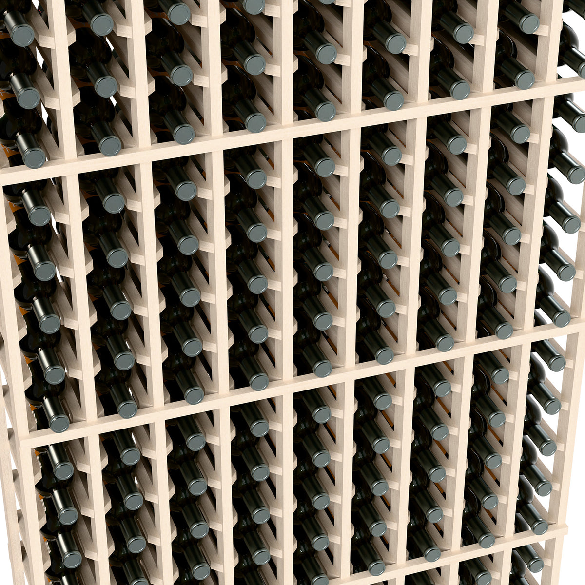 White wood wine bottle rack close view, grid holders storing bottles