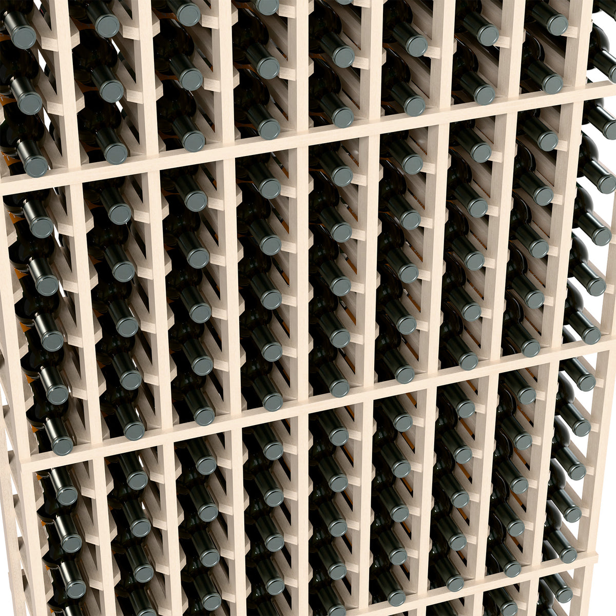White wine bottle rack with grid bottle holders, side view of bottles