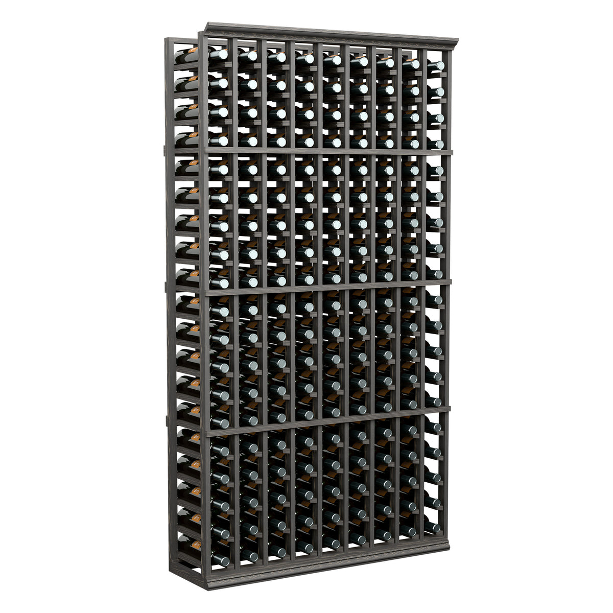 9-column 6 ft wine bottle rack with dark frame, rows of bottles