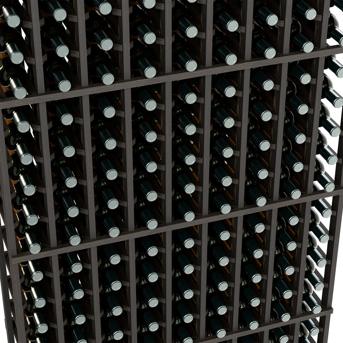 Wine bottle rack close-up: dark grid holds bottles securely