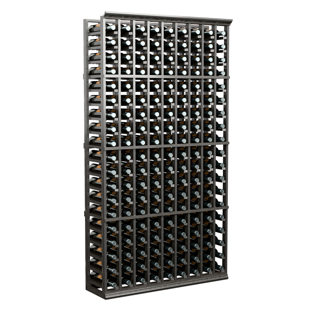 Dark 9-column 6 ft wine bottle rack, front view with bottle rows