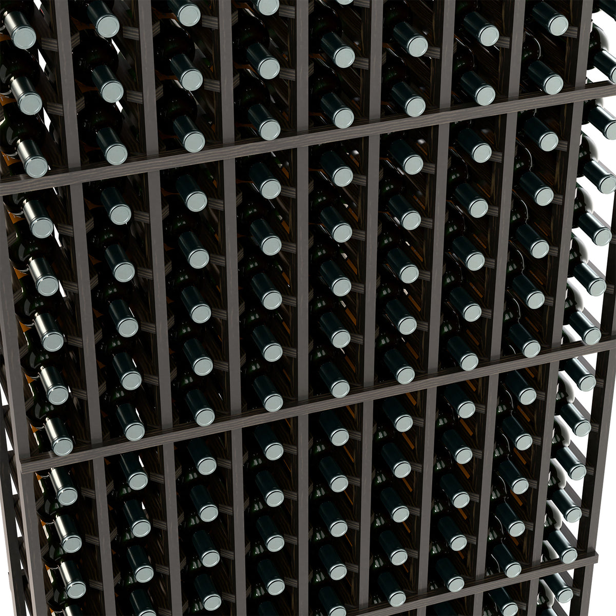 Close-up of dark wine bottle rack grid with bottle necks
