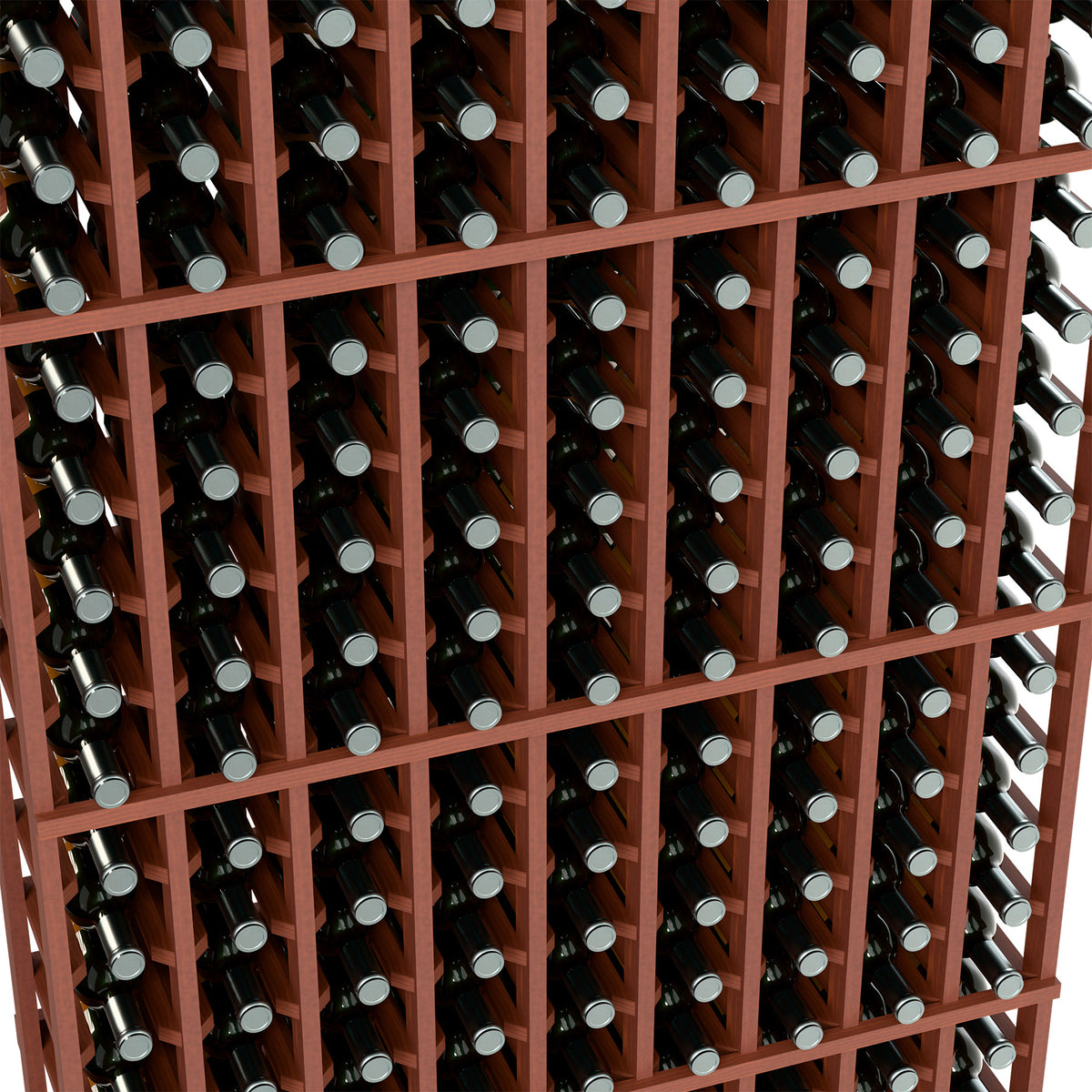Wine bottle rack close-up: warm brown grid holds bottles in rows