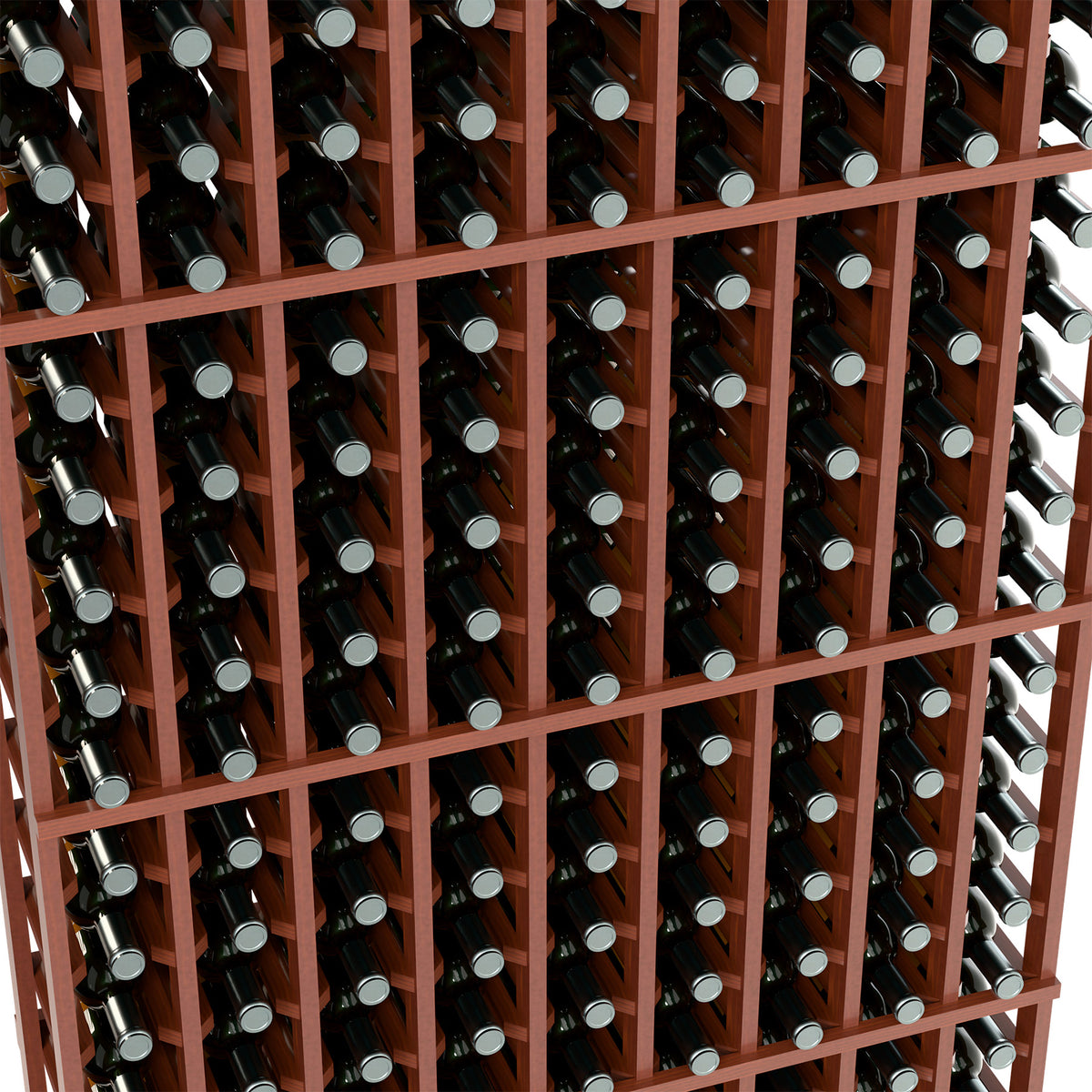 Close-up of warm brown wine bottle rack grid with bottle necks