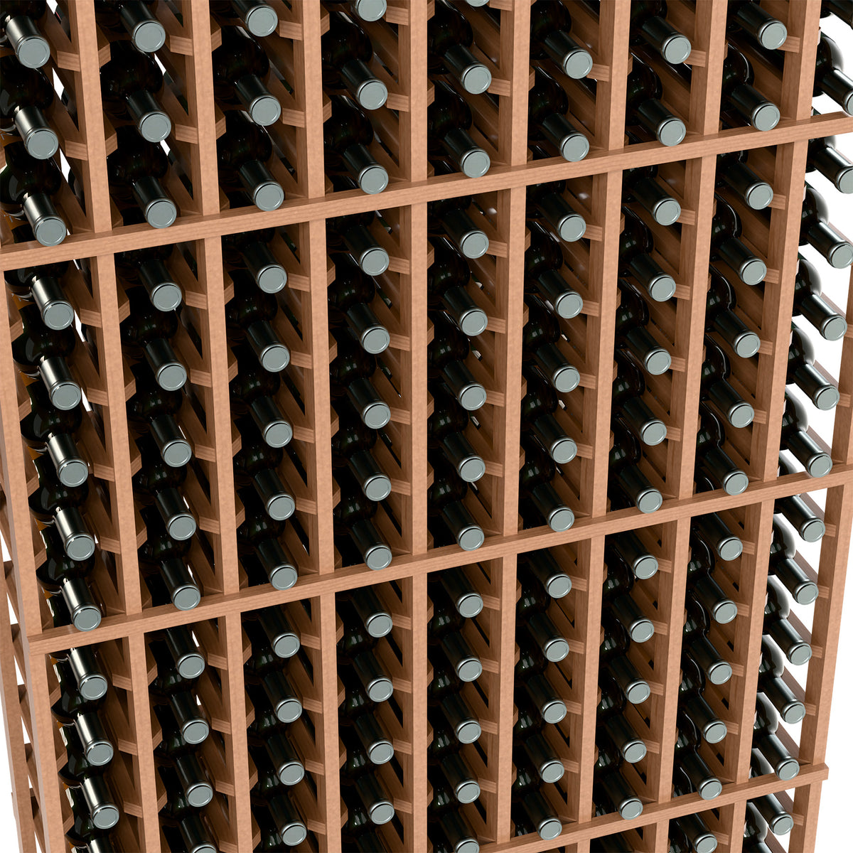 Wine rack detail with light wood grid holding bottles in a 9-column layout