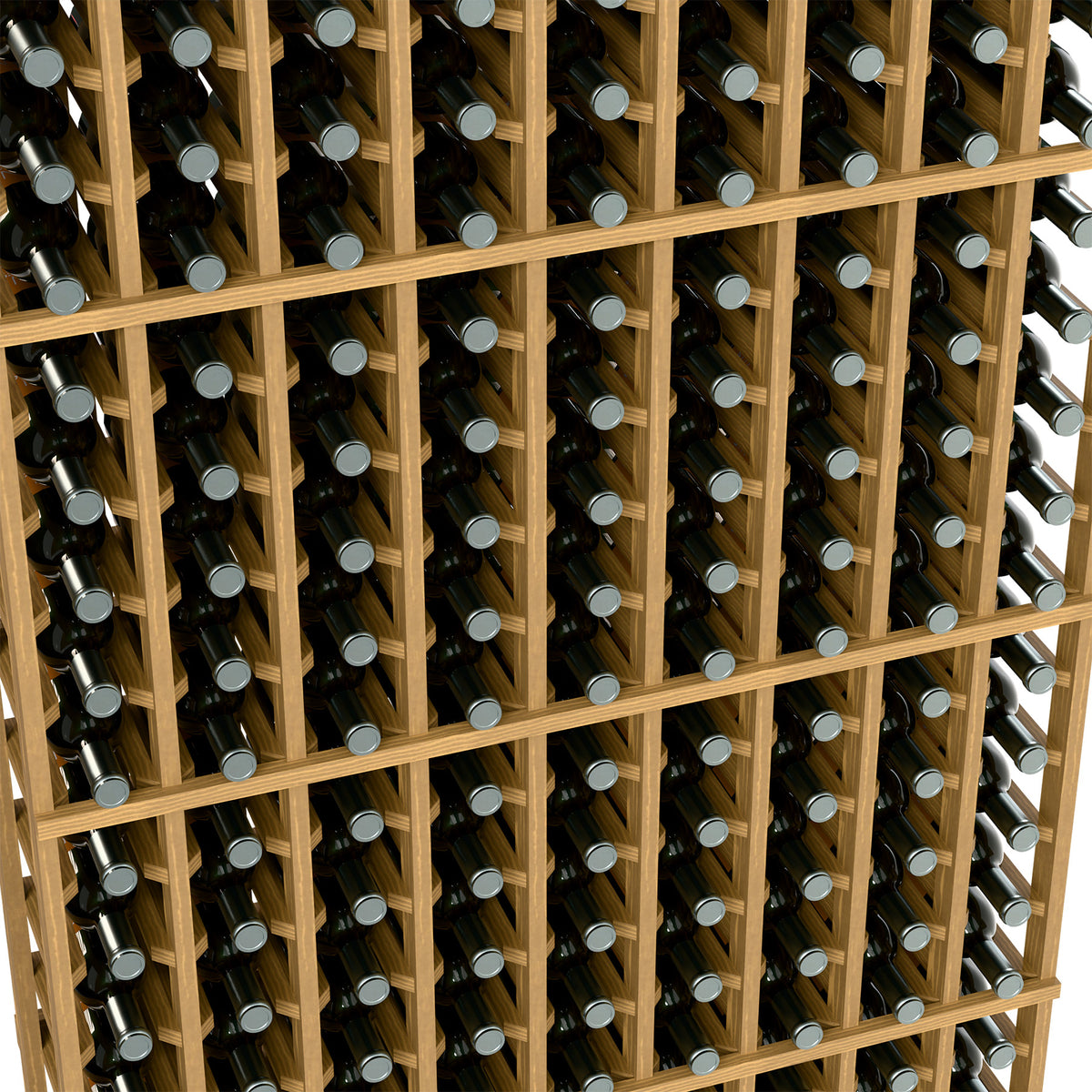 Close-up of wine rack: light wood cells holding bottles on a 9-column grid
