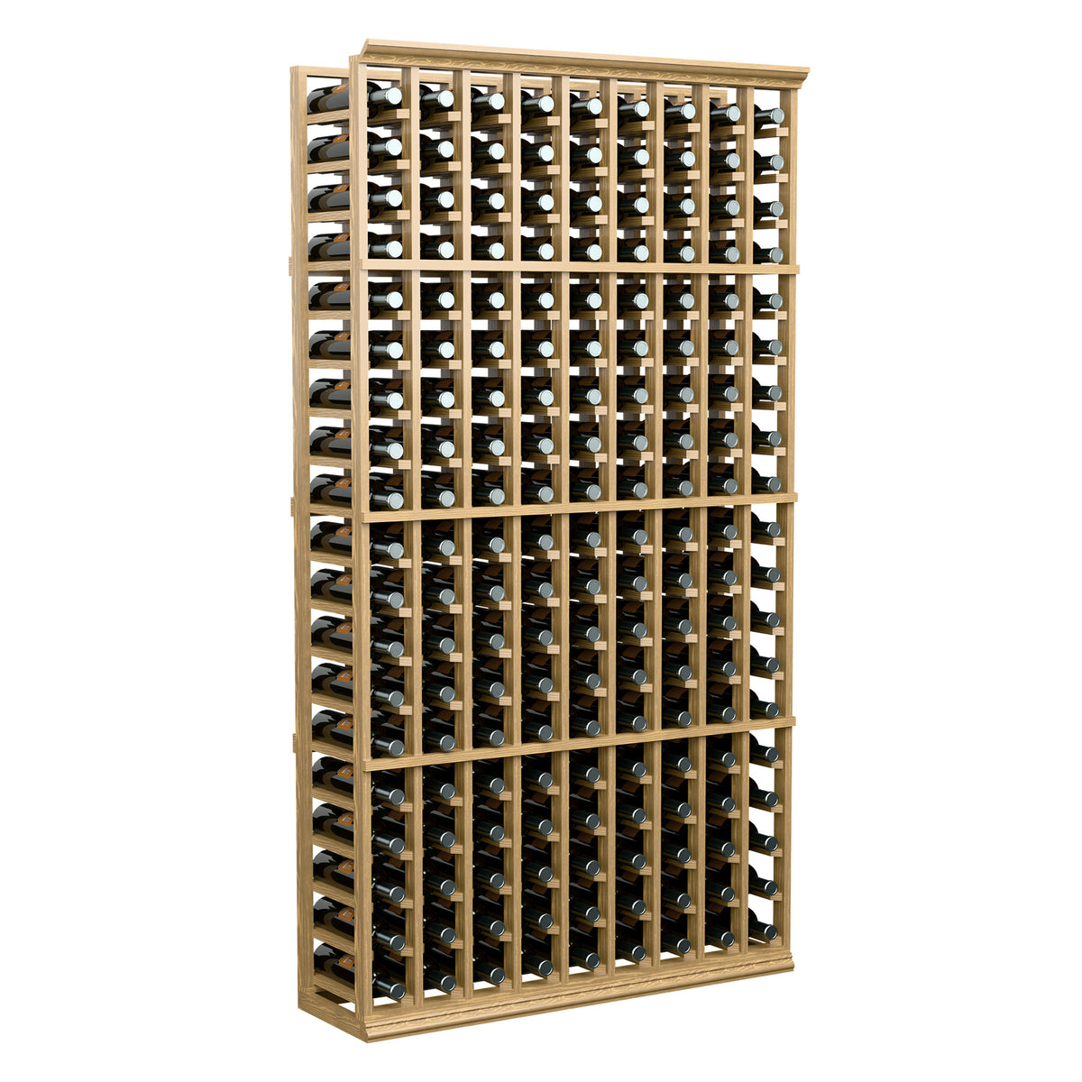 Tall 9-column wine rack with natural wood frame and bottle storage columns