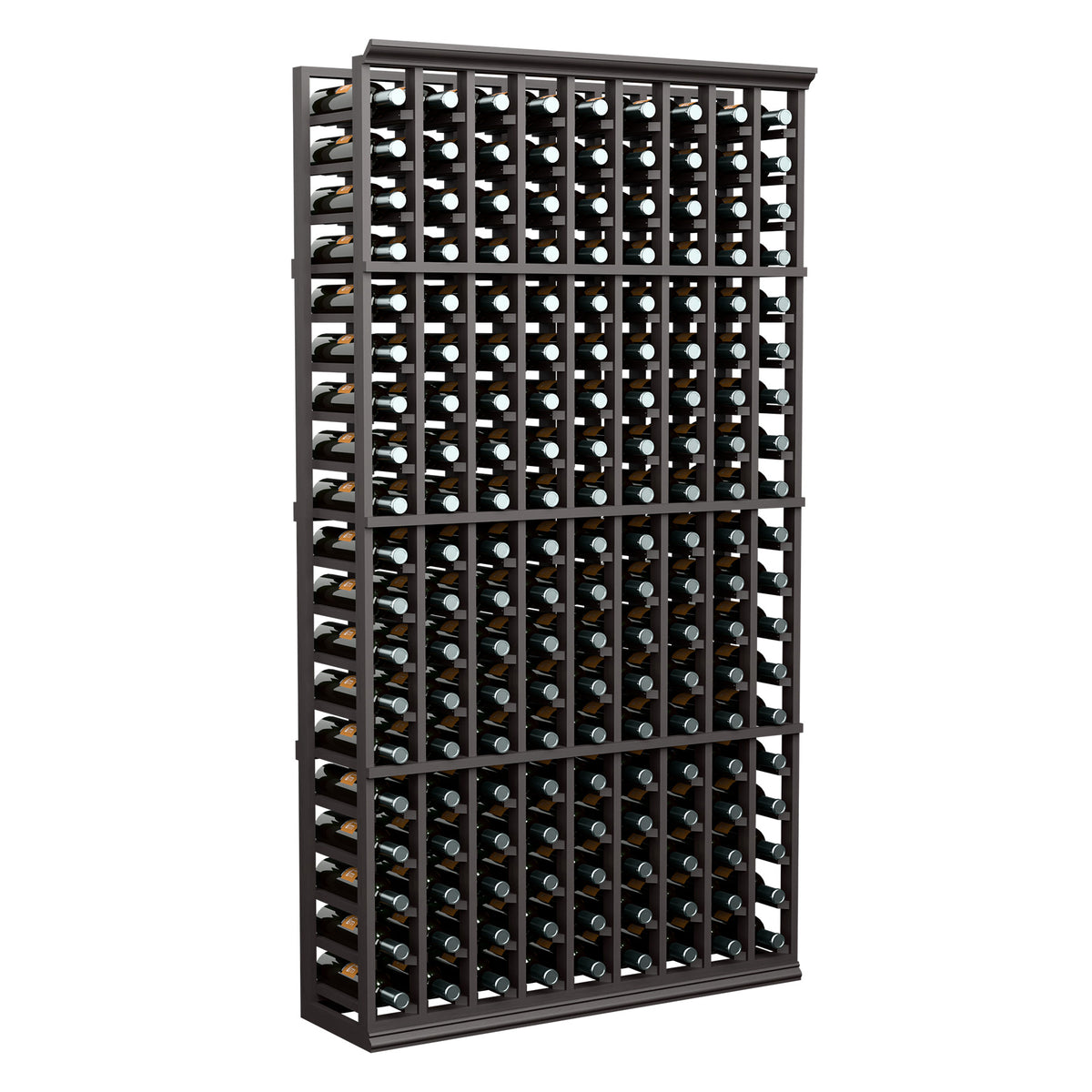 9-column wine rack for bottles, dark stained frame with bottle storage slots