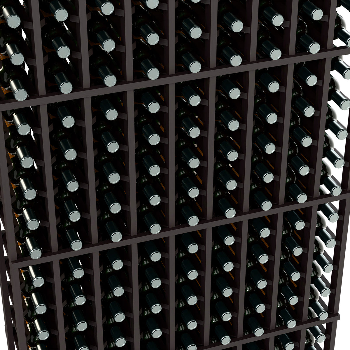 Close-up of dark wine rack grid holding bottles across multiple columns