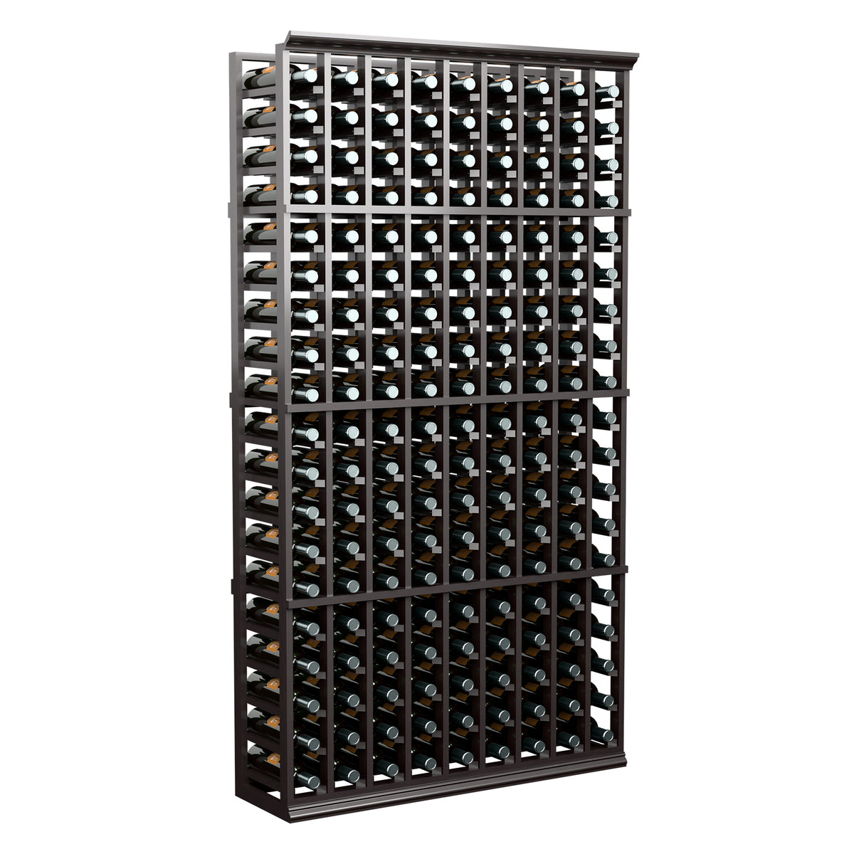 Freestanding 9-column wine rack, dark frame with bottle storage compartments
