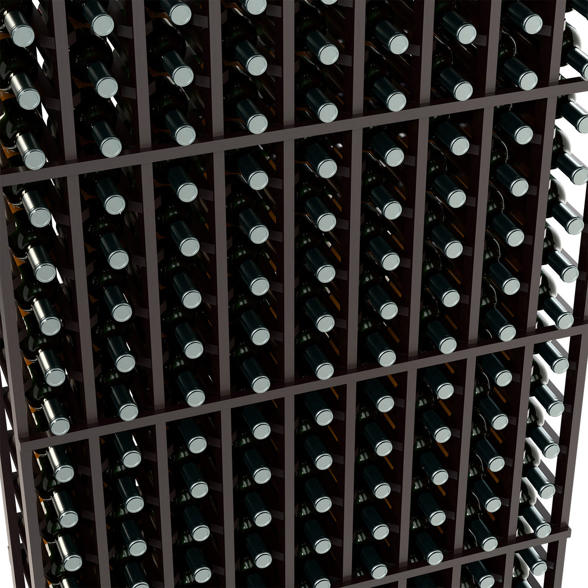 Detail view of dark wine rack with bottle slots arranged in a 9-column grid