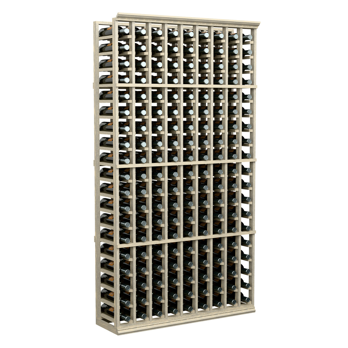 9-column wine bottle rack, 6-ft tall, natural wood frame with bottle rows