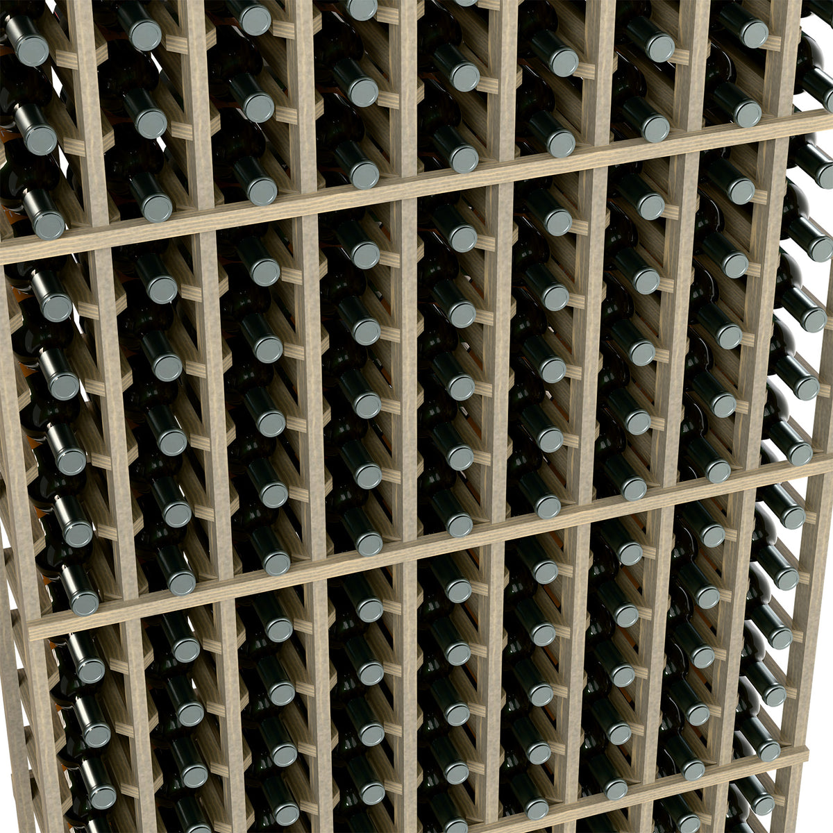 Natural wood wine rack close-up with bottles stored in a lattice grid