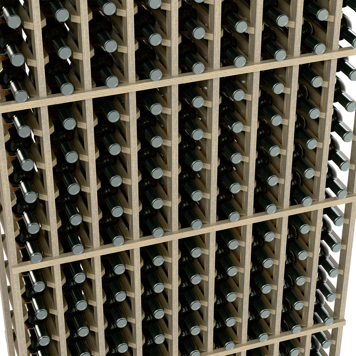 Wood wine rack close-up showing multiple bottle necks in evenly spaced rows