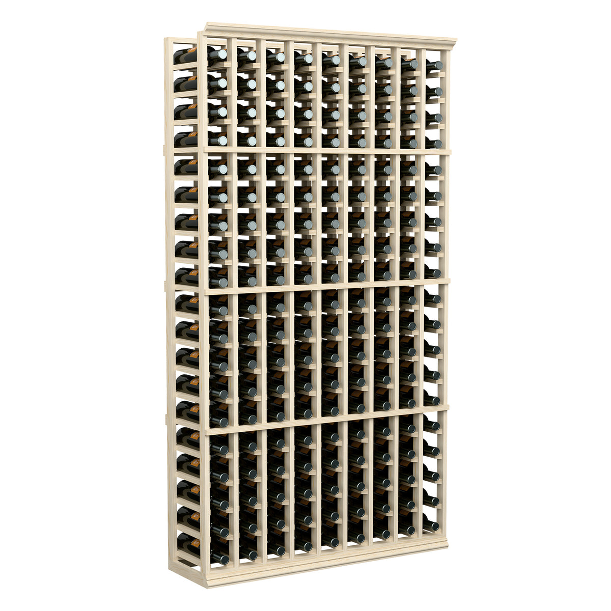 9-column wine bottle rack, 6-ft tall, light wood frame holding dark bottles