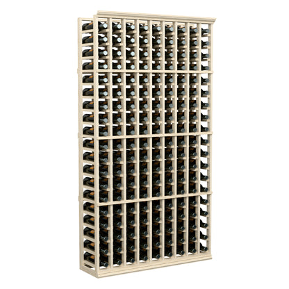 9-column wine bottle rack, 6-ft tall, light wood frame holding dark bottles