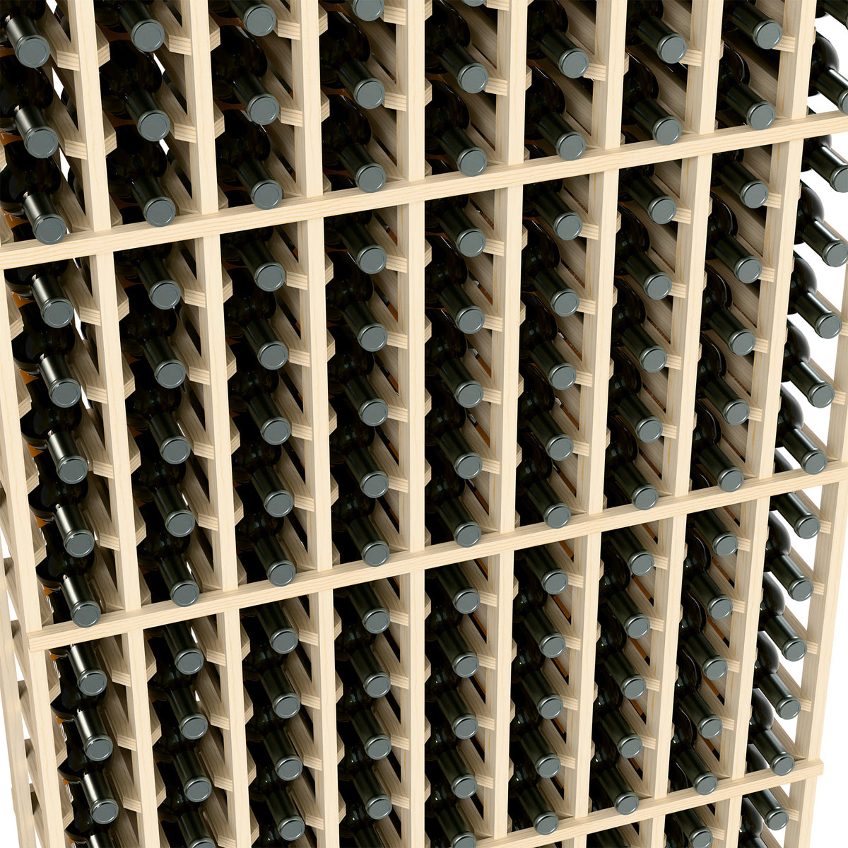Natural wood wine rack close-up with bottles resting in open vertical spaces