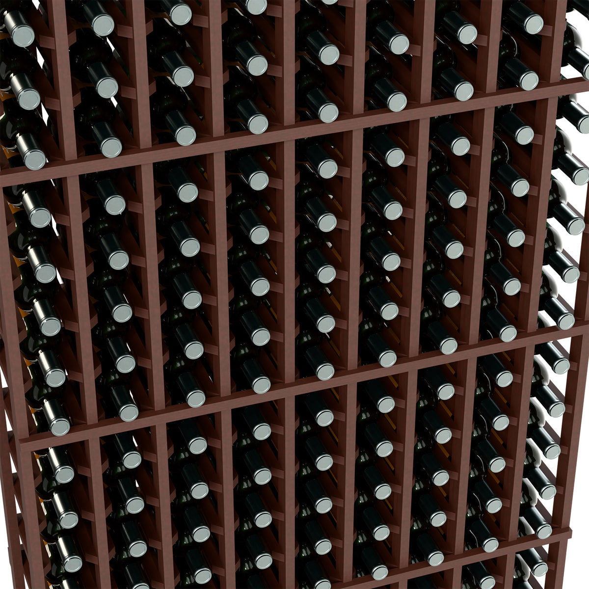 Dark wood wine rack close-up with bottles stored in a tight lattice grid
