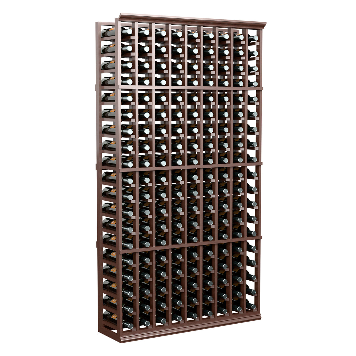 9-column wine bottle rack with dark wood frame and bottle necks visible