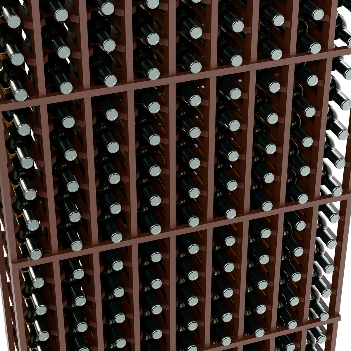 Close-up of dark wood 9-column wine rack holding bottles in cubby slots