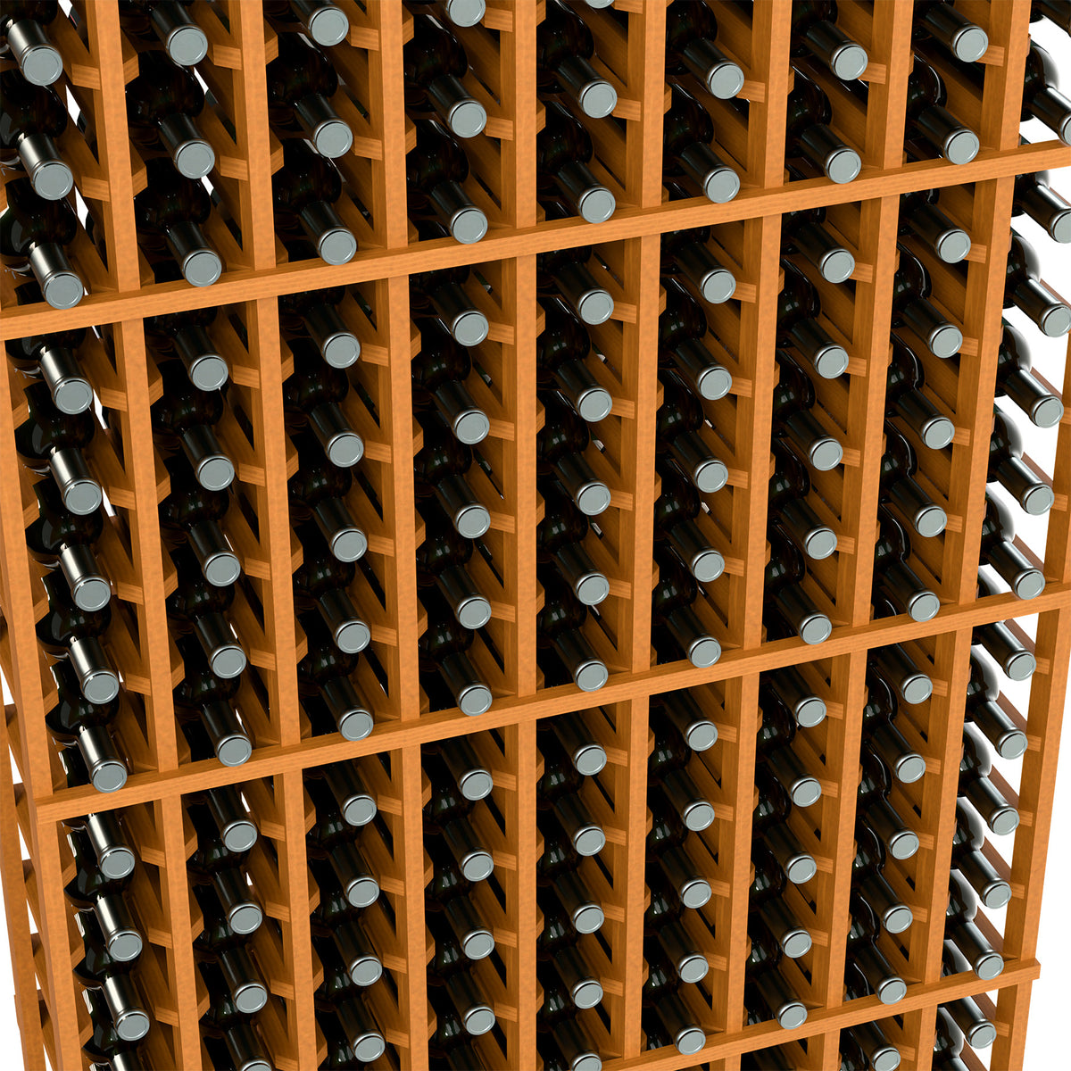 Close-up of light wood 9-column wine rack with bottles stored in rows