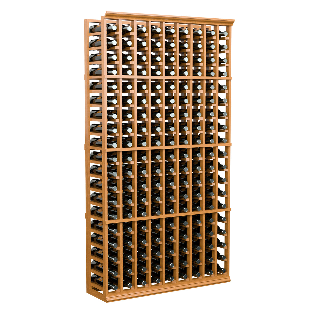 9-column wine bottle rack with warm light wood frame and bottle necks visible
