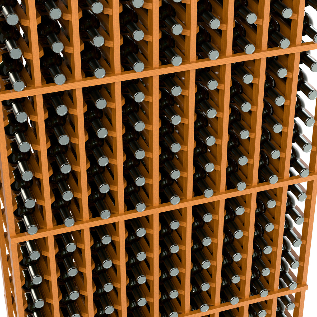 Close-up of warm light wood 9-column wine rack with bottles in grid compartments