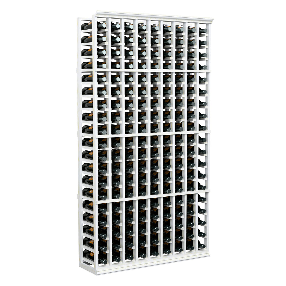 9-column wine bottle rack with white frame and bottle necks visible