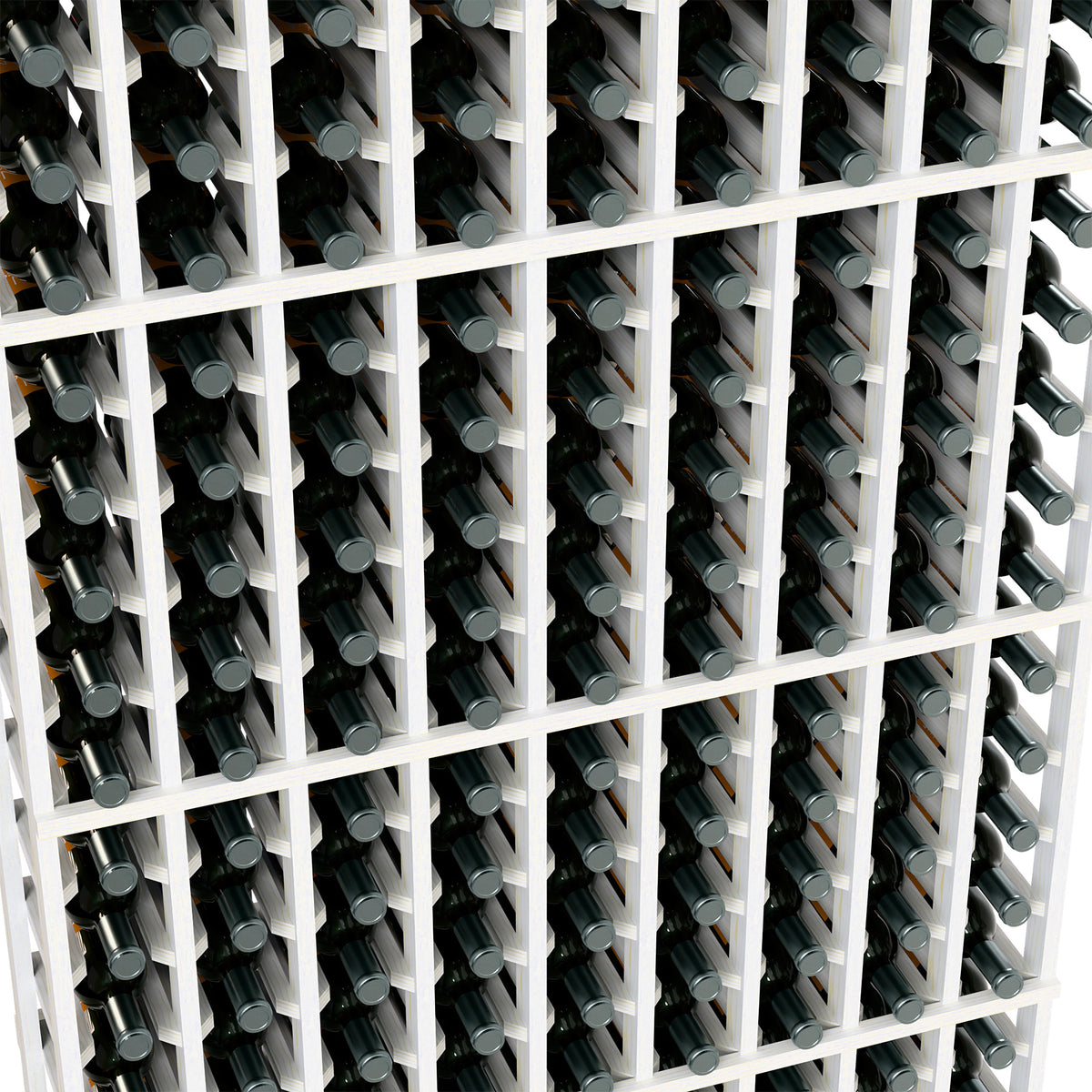 Close-up of white 9-column wine rack holding bottles in evenly spaced slots
