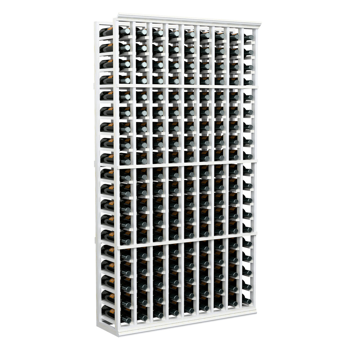 9-column wine bottle rack with white frame and bottles stored in rows