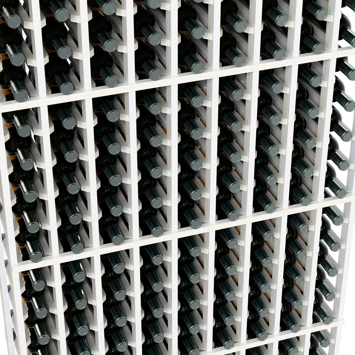 Close-up of white 9-column wine rack with bottle necks visible through grid