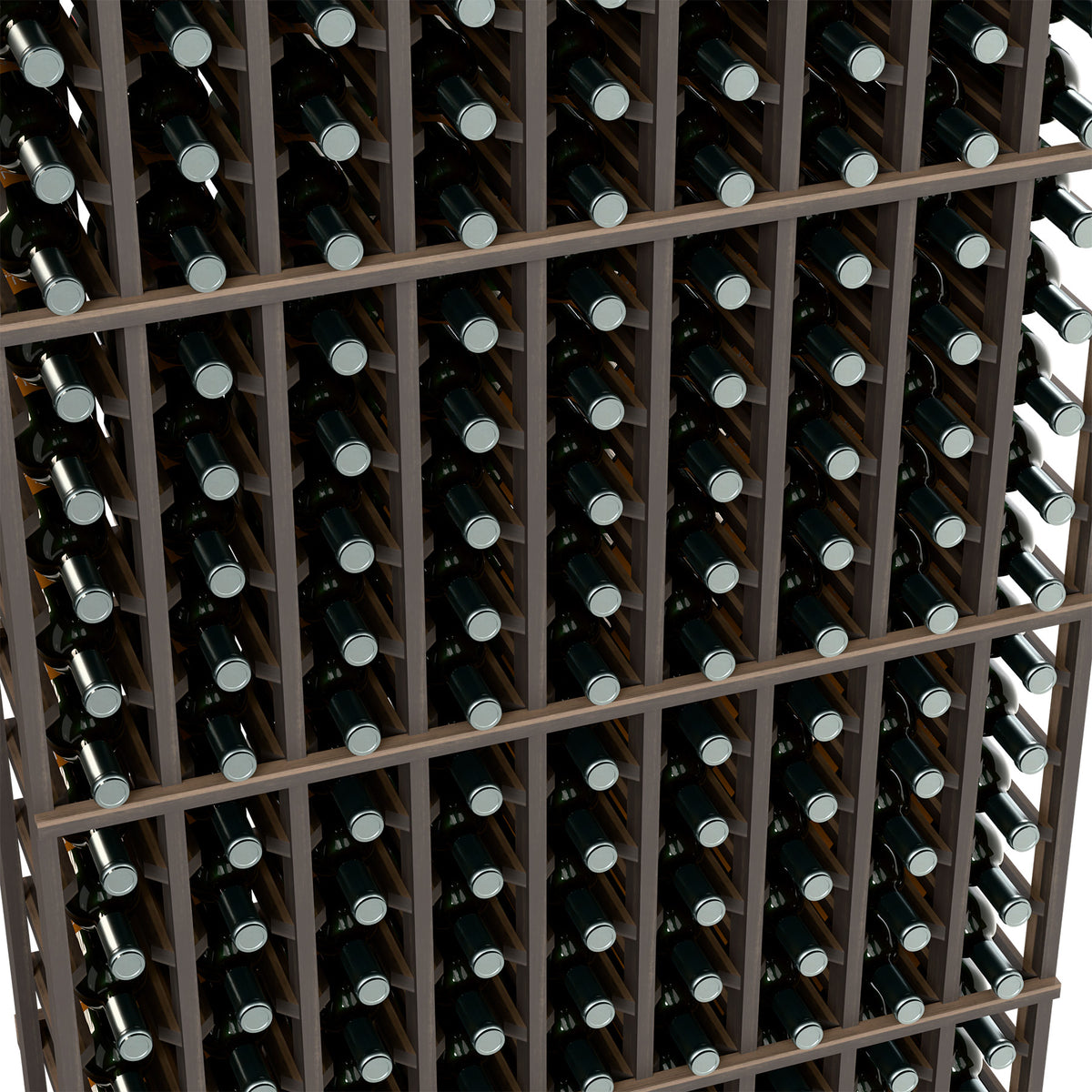 Wine bottle rack interior with rows of bottles in a dark frame