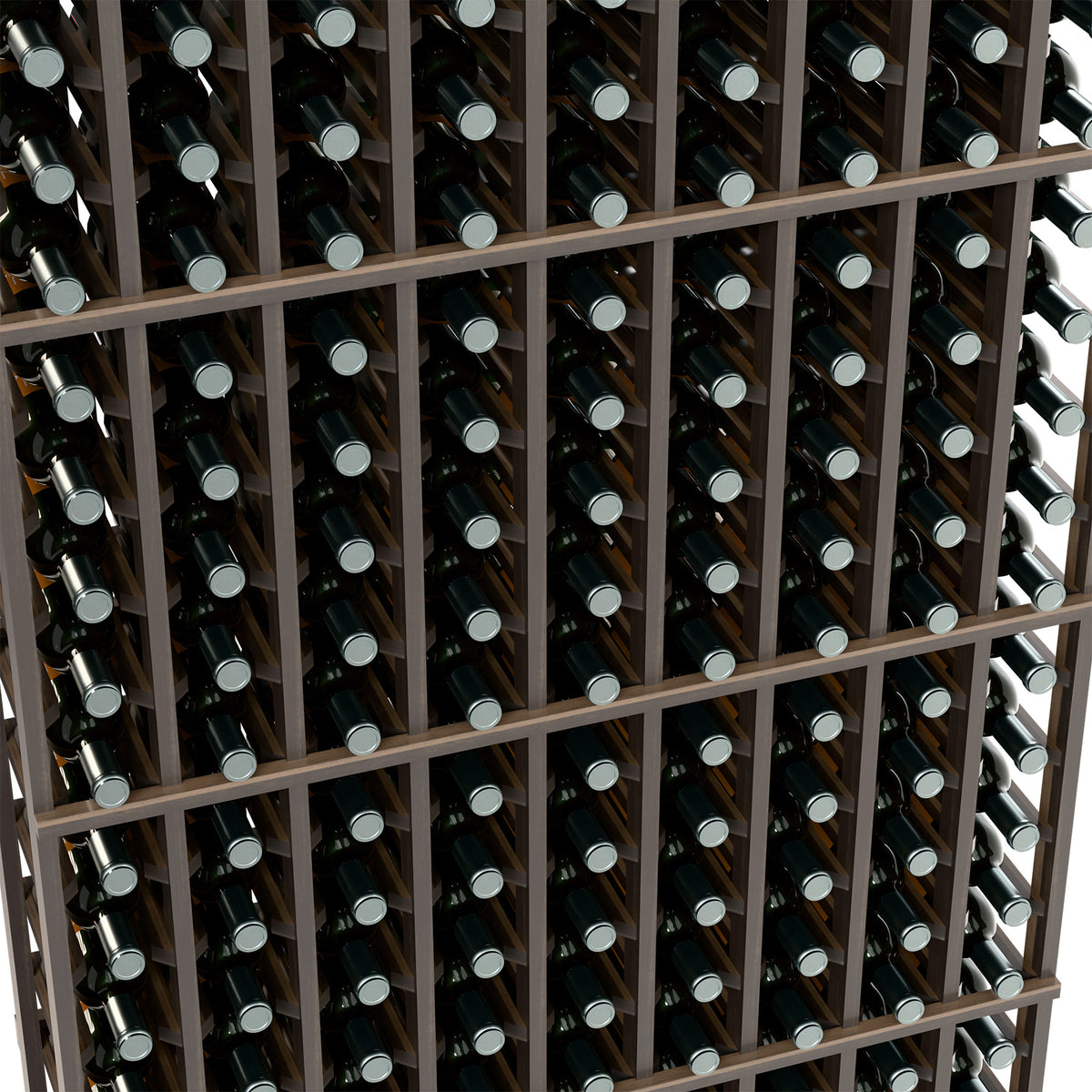 Close-up of wine bottle rack showing bottle slots in a dark frame