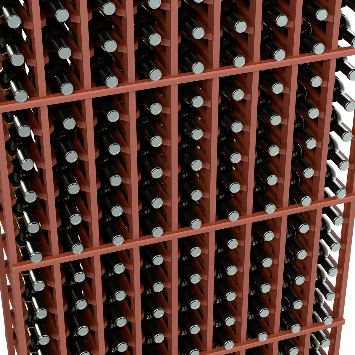 Wine bottle rack close-up with bottles in a reddish-brown wood frame