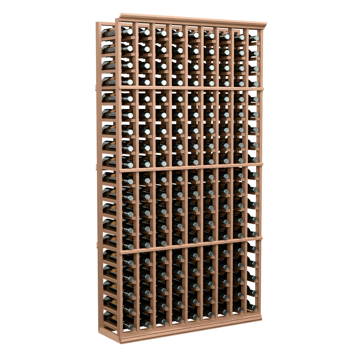 9-column wine bottle rack with light wood frame and bottle-filled compartments