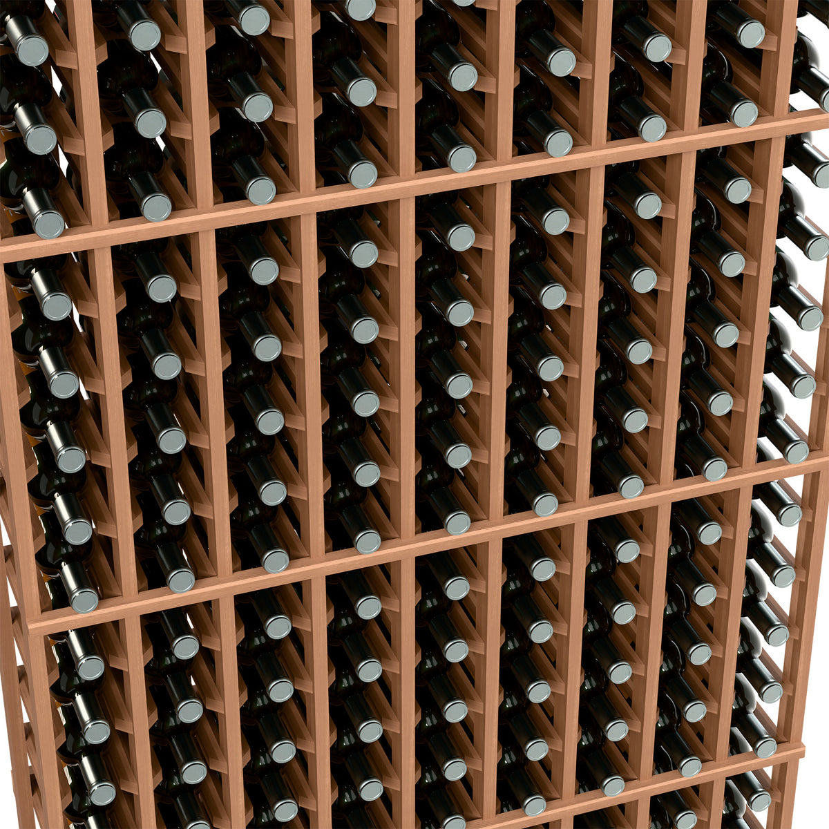 Close-up of wine bottle rack showing bottles in light wood frame slots