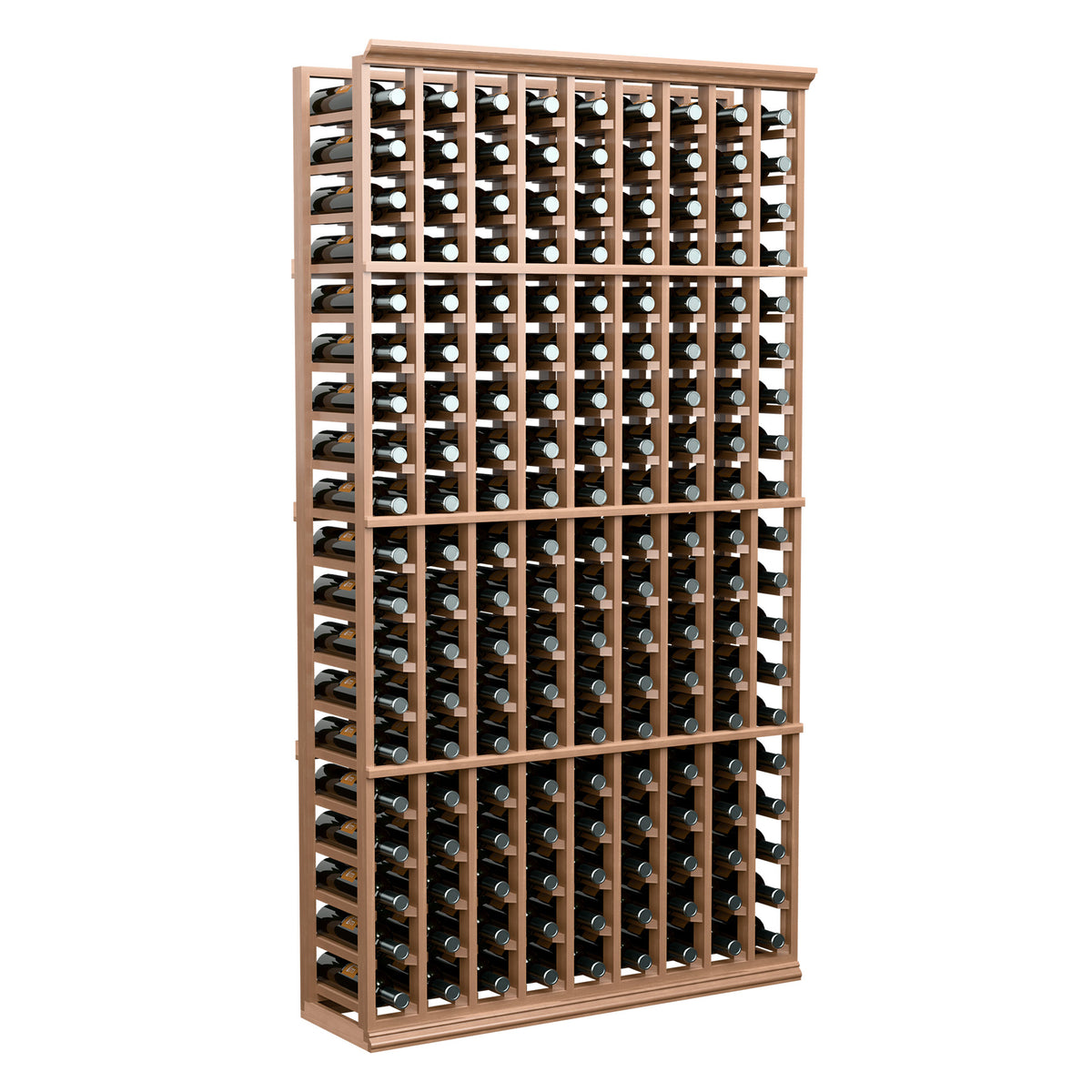 Wine bottle rack, light wood frame, 9-column 6-ft design with many bottle slots.