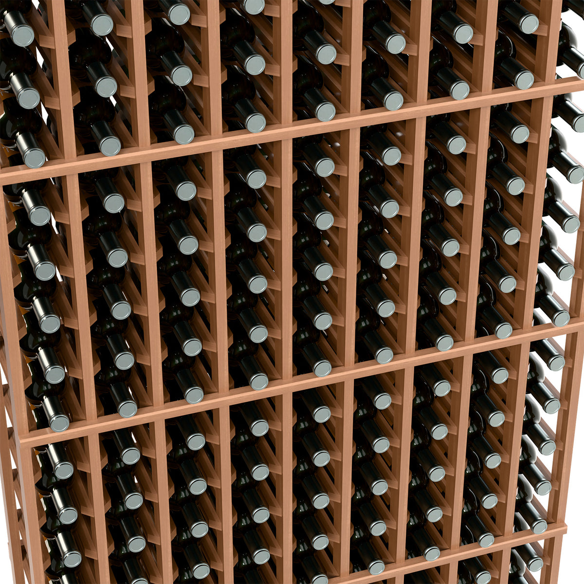 Wine bottle rack closeup, light wood dividers holding bottles in neat rows and columns.