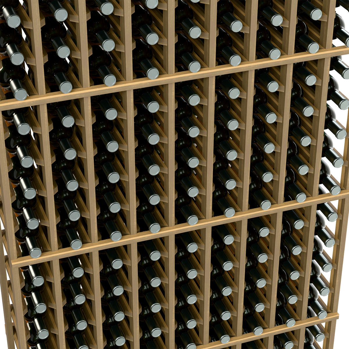 Wine bottle rack closeup, light wood grid with bottles resting in individual bottle slots.