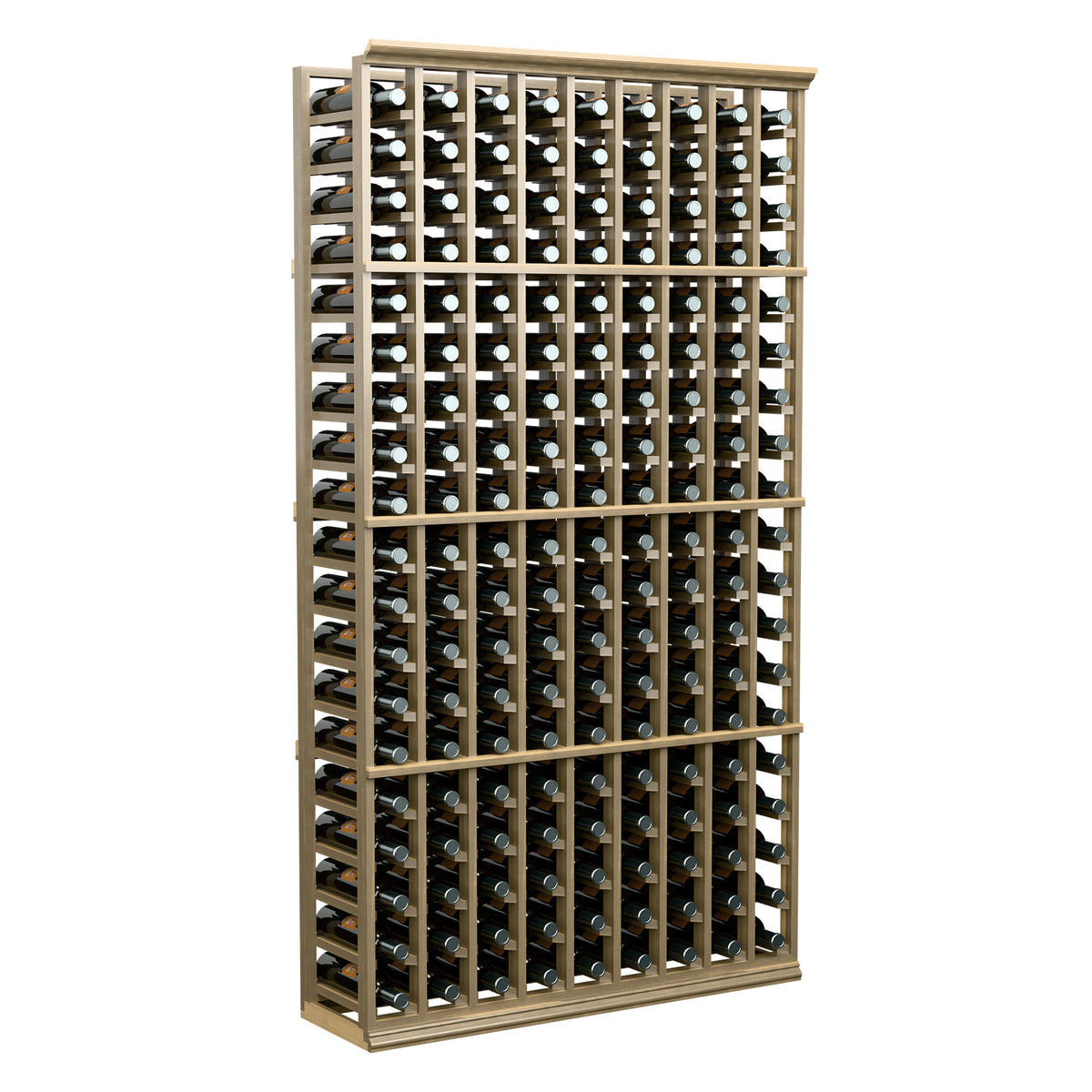 Wine bottle rack, light wood 9-column 6-ft frame with multiple bottle rows and columns.