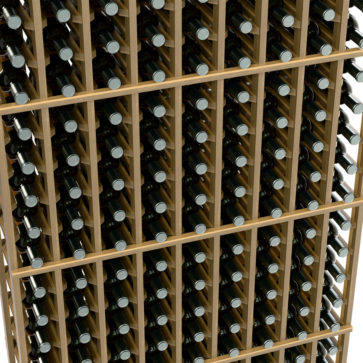 Wine bottle rack closeup, light wood shelving grid with bottles stored vertically.