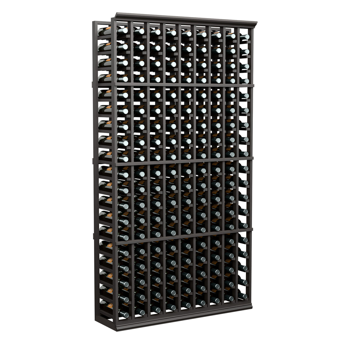 Wine bottle rack, black frame with 9 columns and tall 6-ft design for bottle storage.