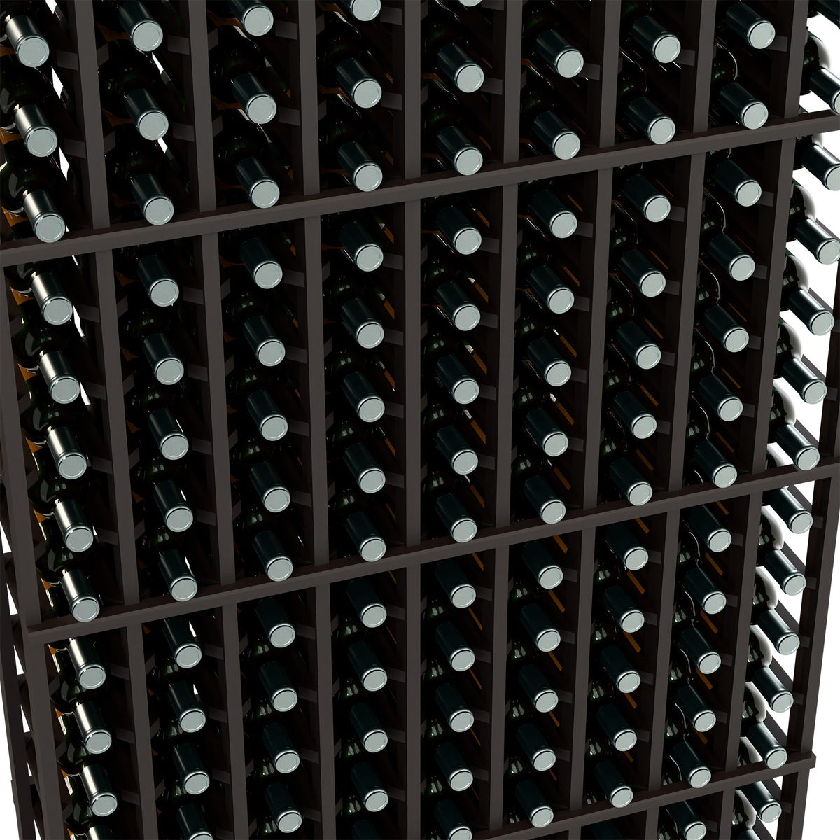 Wine bottle rack closeup, black dividers holding bottles in organized rows and columns.