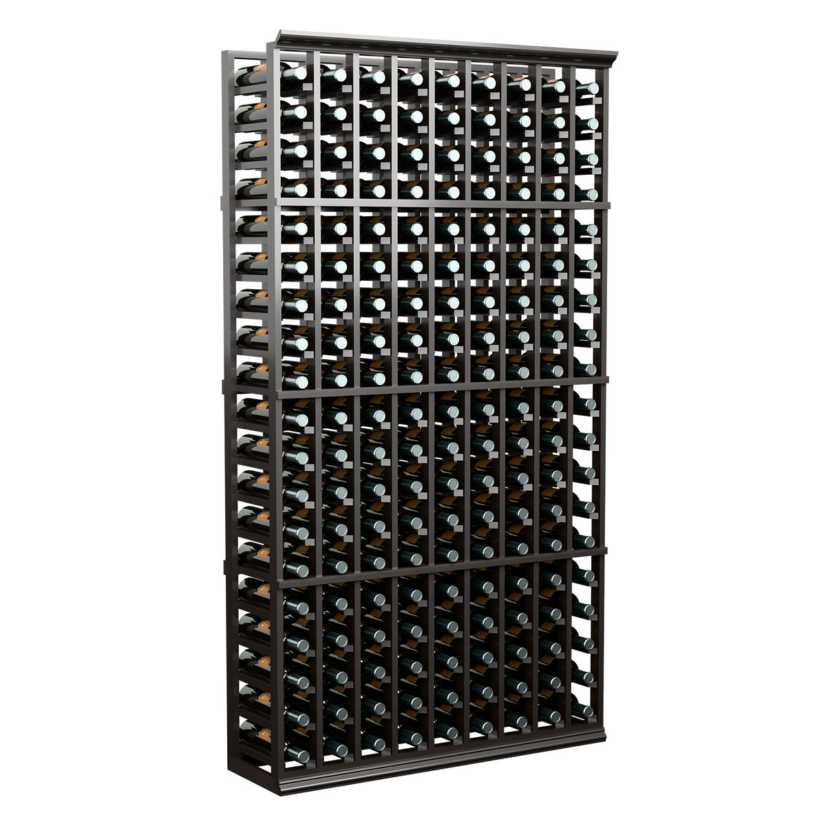 Wine bottle rack, tall black 9-column 6-ft frame with many bottle slots.