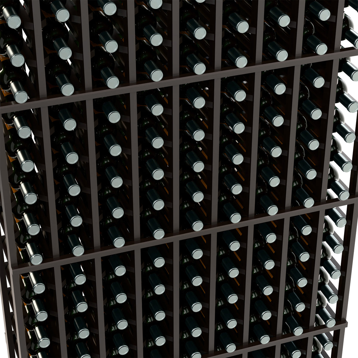 Wine bottle rack closeup, black grid shelving with bottles arranged in tight rows.