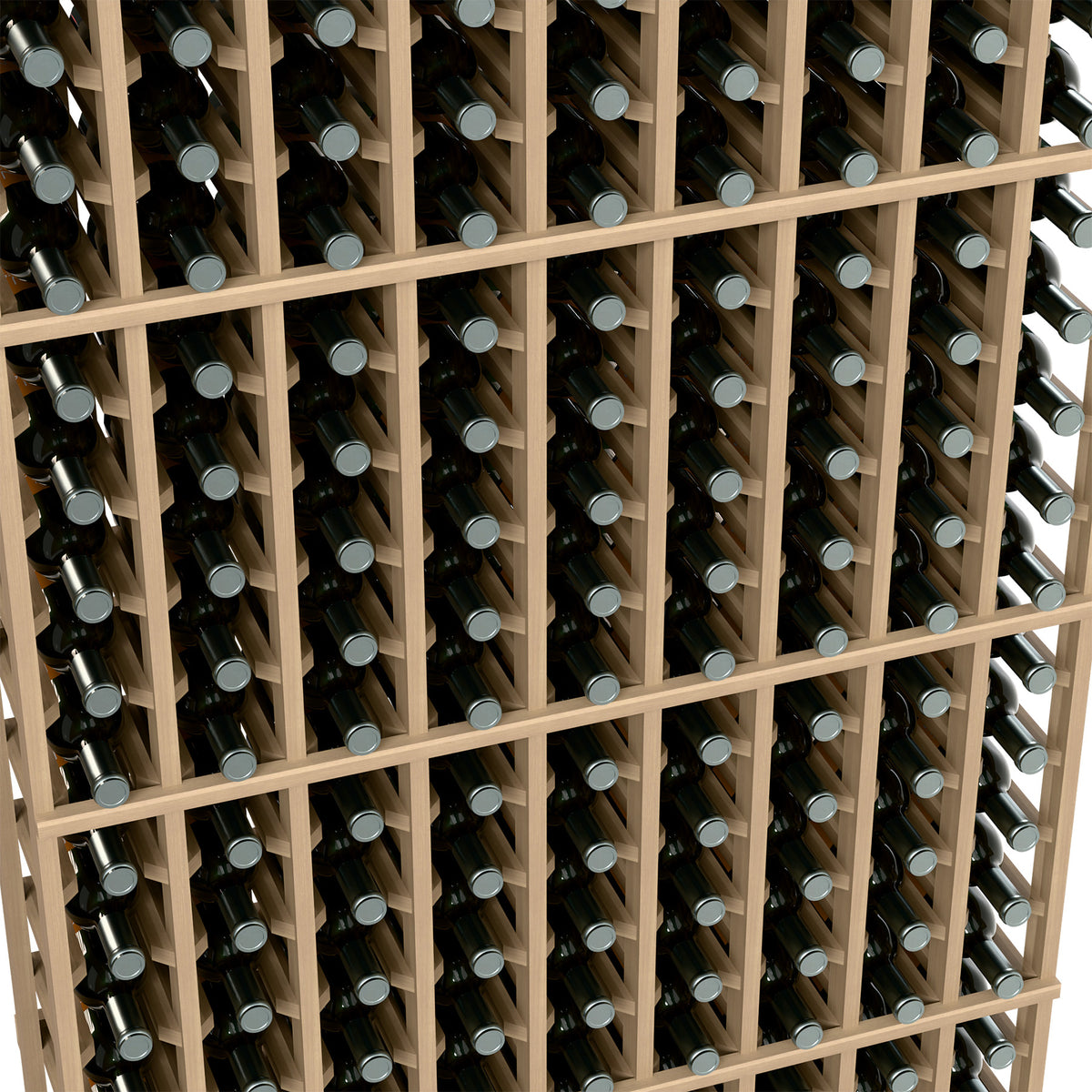 Wine bottle rack close-up, light wood grid holding dark bottles