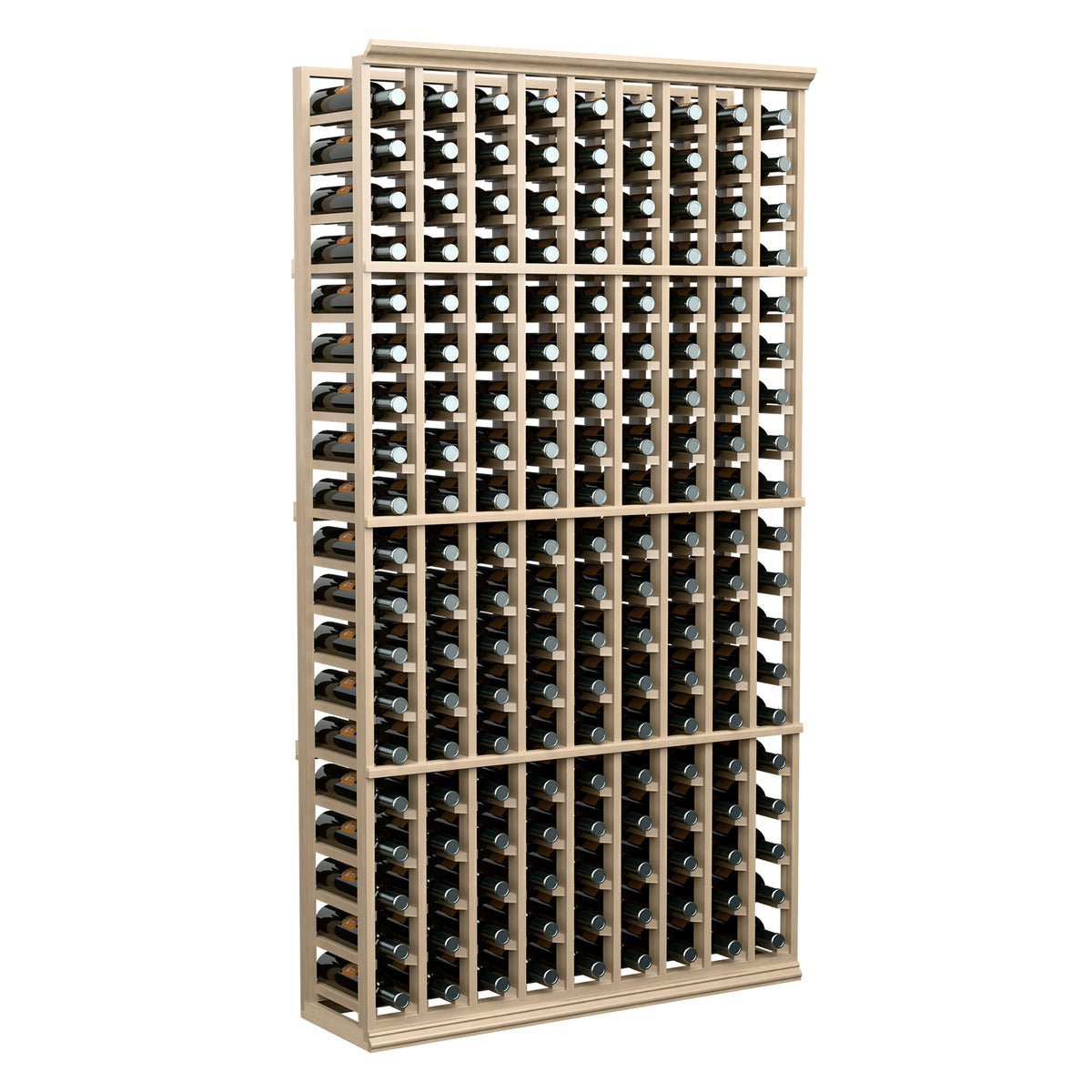 9-column wine bottle rack with bottles in a light wood frame, full-height view